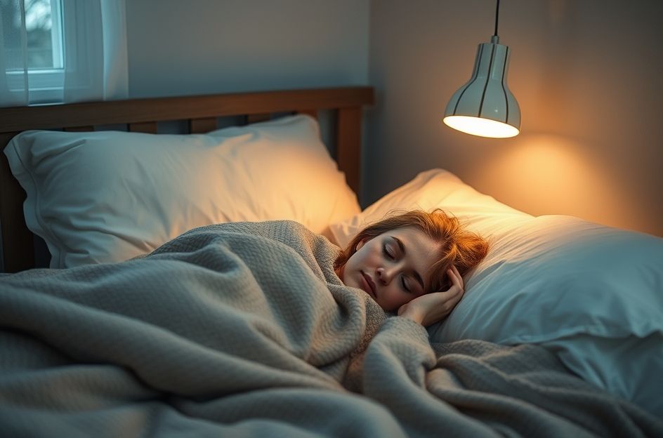 A serene bedroom scene with soft lighting, a person sleeping peacefully under a warm blanket. On a nightstand next to the bed, there's a simple analog clock showing a time that indicates sufficient sleep (e.g., 7 AM) and a subtle graphic overlay showing a healthy heart rate or blood pressure monitor with a green checkmark. The overall mood should be calming and emphasize the importance of rest.