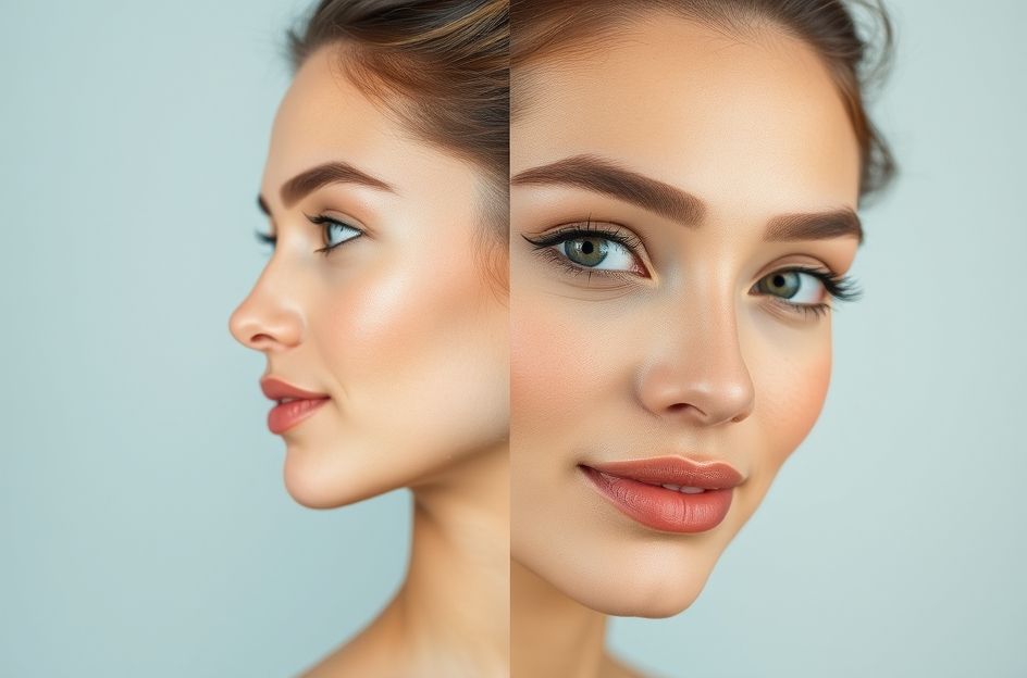 A split image or collage. One side shows a person with clear, radiant skin, looking youthful, with a subtle scientific graphic overlay (DNA helix, cellular structures). The other side shows elements of a healthy lifestyle: a person applying sunscreen, someone sleeping peacefully, and a bowl of colorful fruits/vegetables with a glass of water. The overall aesthetic should be clean, bright, and positive.