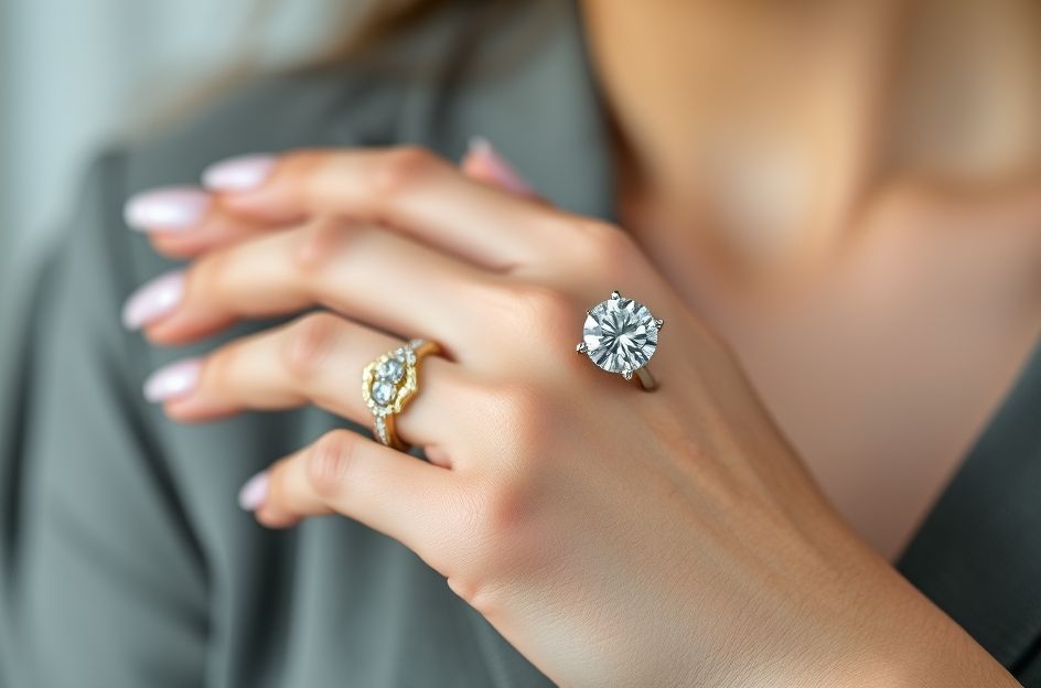 A stunning, close-up shot of a large solitaire diamond engagement ring on a woman's manicured hand. The ring sparkles brilliantly under soft, luxurious lighting, possibly with a subtle bokeh effect in the background hinting at a romantic, elegant setting or a celebrity event. The overall tone is opulent and dreamy.