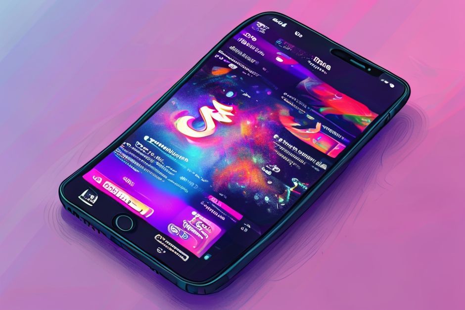 A vibrant illustration of a smartphone displaying the TikTok interface, featuring a trending video of young people performing a Javanese-inspired dance or _lipsync_ challenge. The background subtly incorporates modern elements with traditional Javanese patterns (like batik) or a _gamelan_ instrument, symbolizing the blend of digital trends and rich cultural heritage. Diverse, joyful, and dynamic.