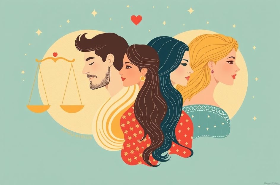 A visually appealing illustration of four diverse couples (Libra with Leo, Gemini, Aquarius, and Pisces), each pair subtly representing their astrological traits (e.g., Leo with a confident stance, Gemini with animated conversation, Aquarius looking thoughtful, Pisces with a gentle embrace). The overall image should convey harmony, connection, and diverse forms of love, with a subtle celestial or zodiac theme in the background.