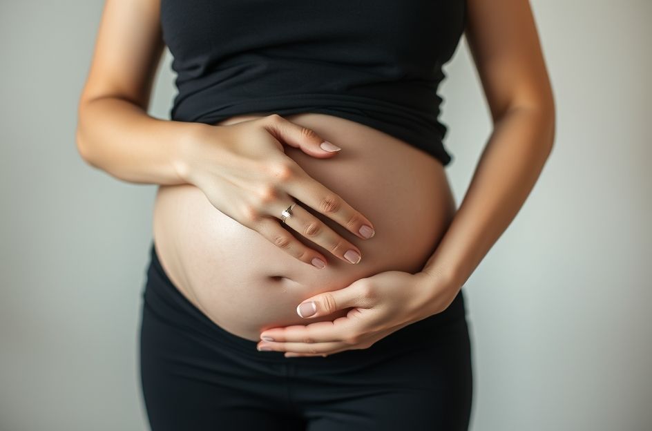 A warm and artistic image of a pregnant woman gently holding her belly, with subtle visual elements in the background depicting the progression of fetal growth (e.g., small, stylized icons of a lime, corn, and watermelon, or abstract representations of a growing fetus), set in a soft, natural light to convey wonder and health. The woman has a serene expression.