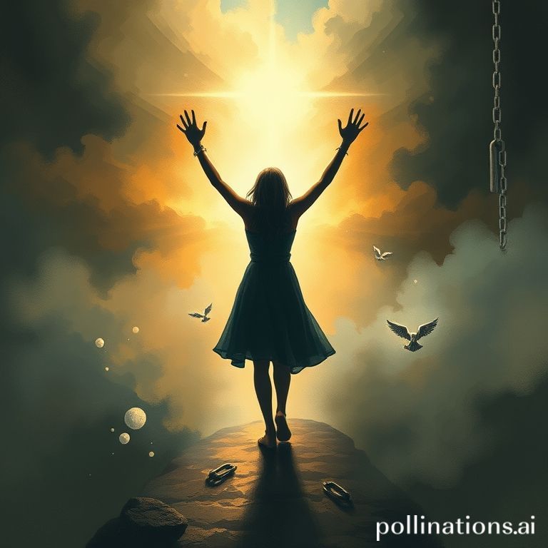 Abstract illustration of healing from spiritual abuse, showing a person emerging from shadows into light, with broken chains and symbols of hope and self-love.