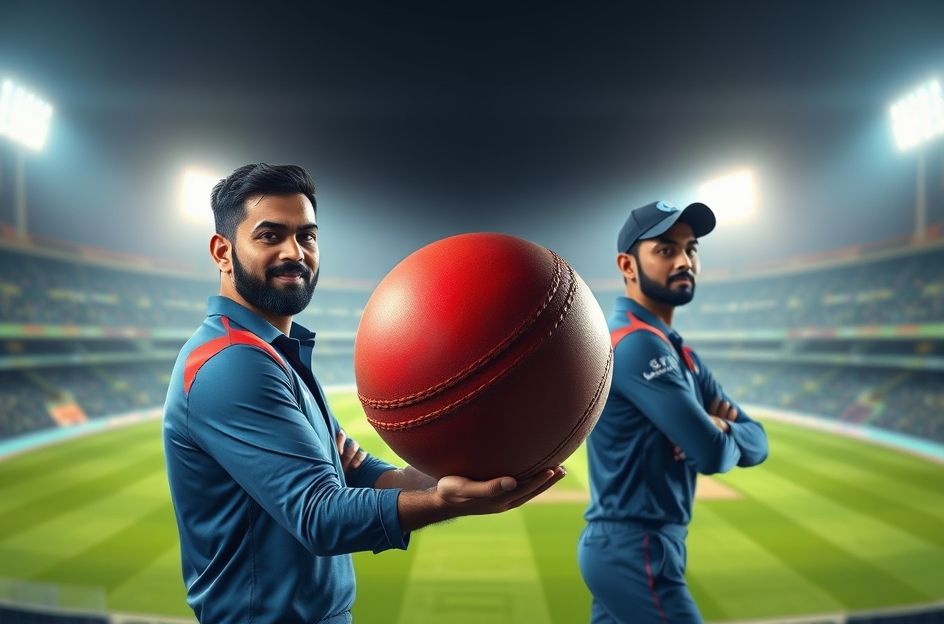 Beyond Editnix AI generated stadium featuring MS Dhoni and Virat Kohli with cricket ball and motion graphics