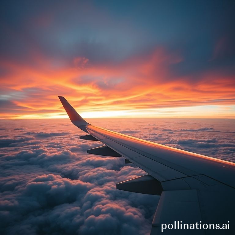 Sayap pesawat di atas awan saat matahari terbenam