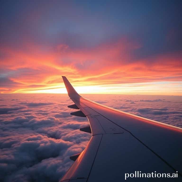 Pemandangan sayap pesawat di atas awan saat senja