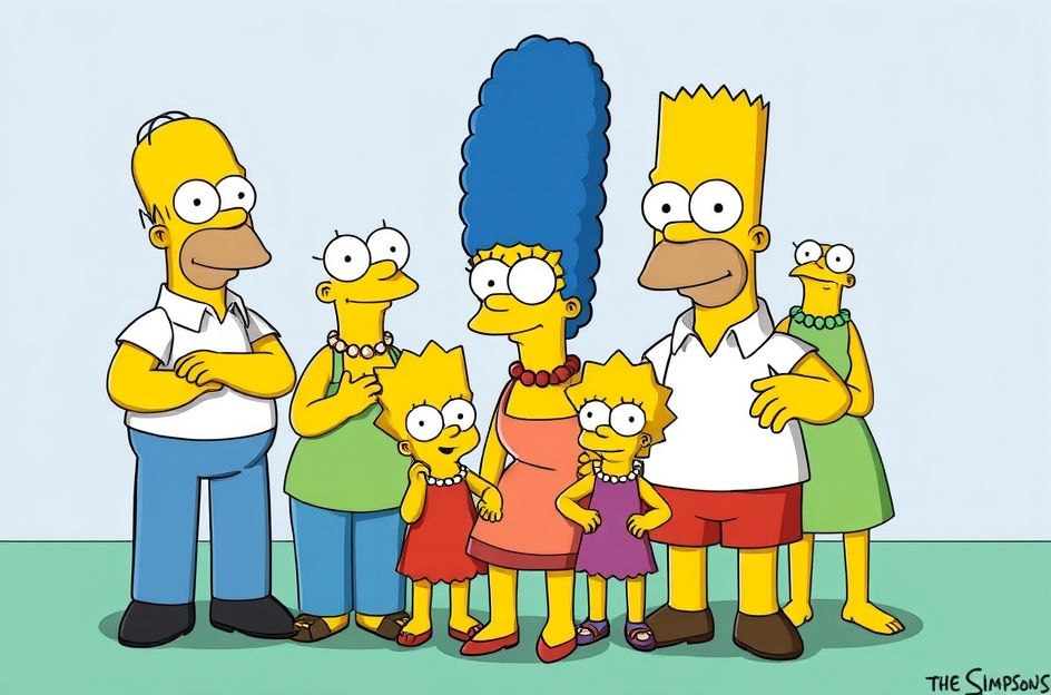An animated image in the style of The Simpsons, showing the entire Simpson family (Homer, Marge, Bart, Lisa, Maggie) excitedly walking towards a brightly lit movie theater entrance with a marquee displaying 'The Simpsons Movie 2 - Coming 2027'. The family should be rendered in their classic animation style. There should be a subtle nod to modern issues in the background, like a small, humorous, non-intrusive detail representing climate change (e.g., a car emitting slightly too much smoke, a cloud shaped like a carbon footprint) or AI (e.g., a tiny robot cleaner on the sidewalk, a billboard advertising