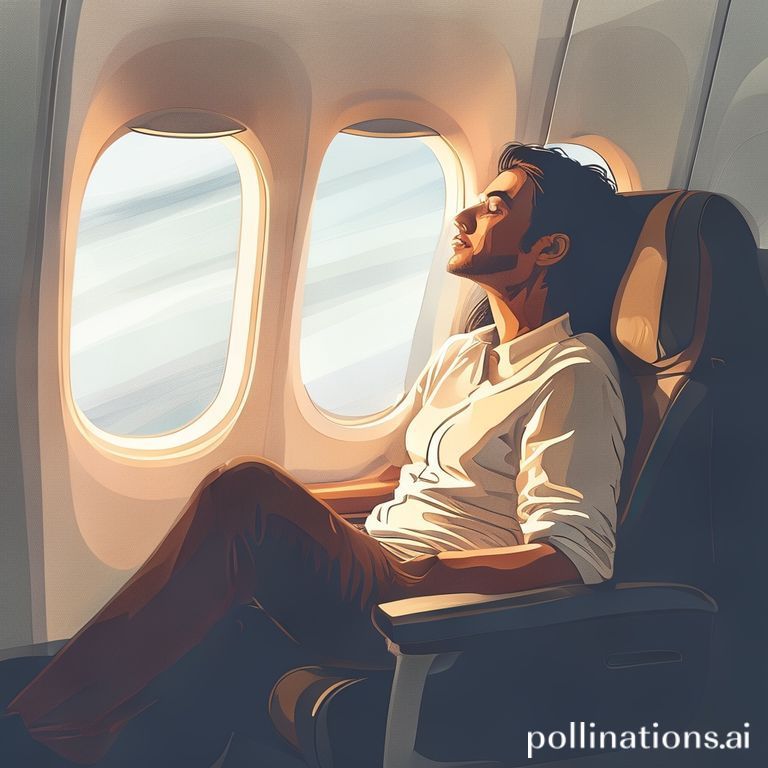 An illustration of a person sitting comfortably and relaxed in an airplane seat, looking out the window at a beautiful, clear blue sky. The person is calm, perhaps with a slight smile, holding a book or wearing headphones. The cabin interior is clean and modern, emphasizing a peaceful travel experience.