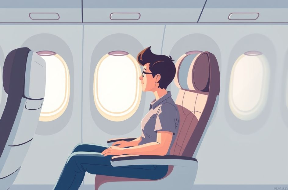 An illustration of a person sitting comfortably and relaxed in an airplane seat, looking out the window at a beautiful, clear blue sky. The person is calm, perhaps with a slight smile, holding a book or wearing headphones. The cabin interior is clean and modern, emphasizing a peaceful travel experience.