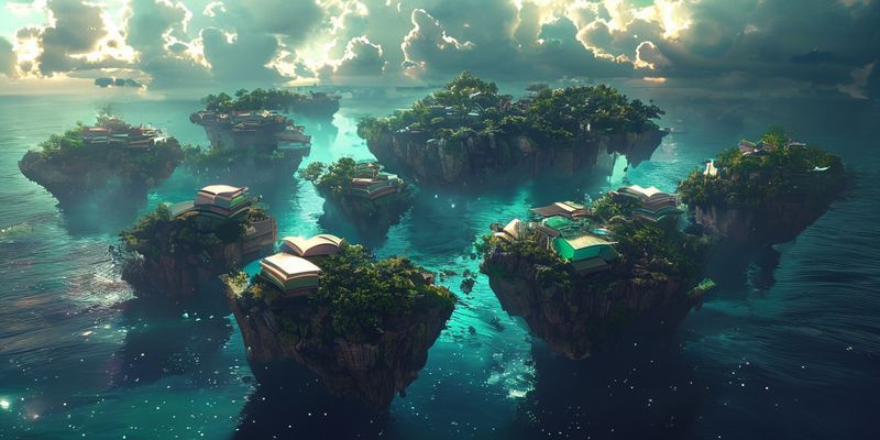 Ilustração artística de um arquipélago mágico
