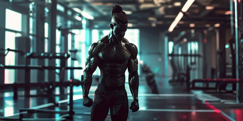 Athlete training in a futuristic gym, emphasizing hardgainer growth and advanced strategies