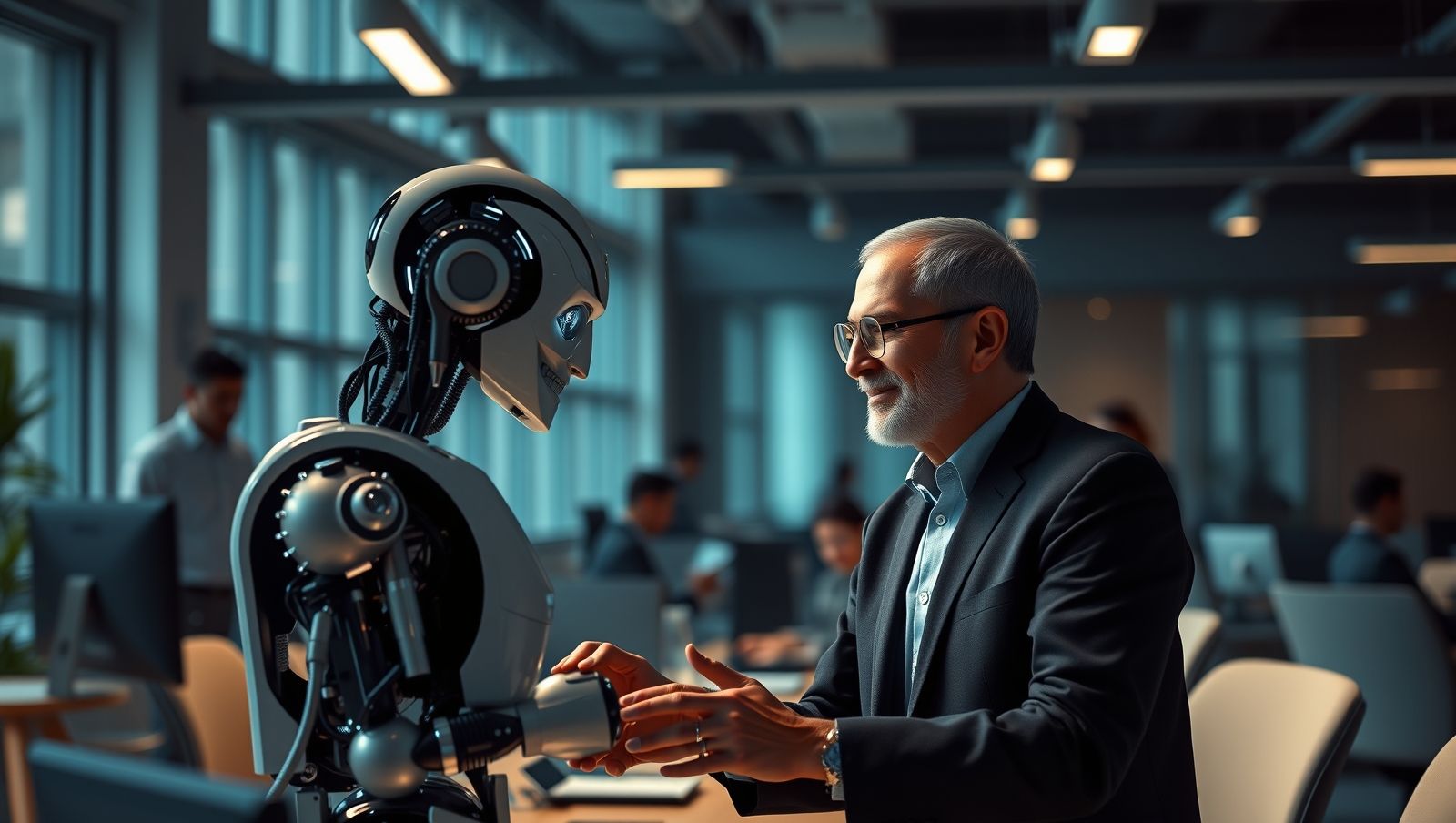 AI-generated image: balanced scale labeled AI and Jobs in a modern office; people collaborating