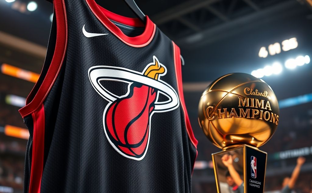 A basketball jersey with the Miami Heat logo and a championship trophy.