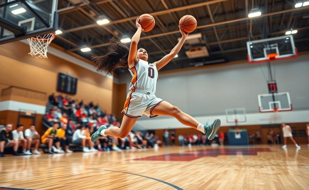 A basketball player shooting a ball in a dynamic offensive move.