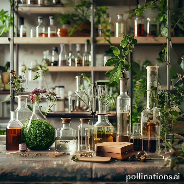 Ingredienti botanici e vetreria da laboratorio, concetto farmacia e natura
