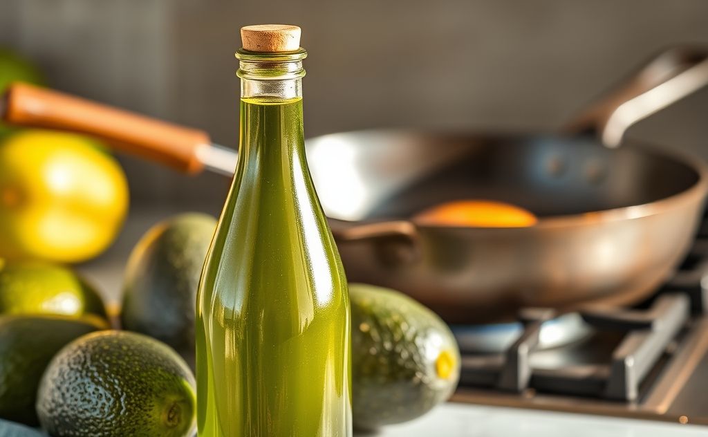 A bottle of avocado oil with avocados and a frying pan in the background