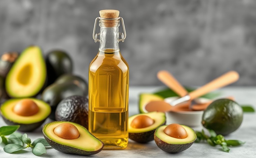 A bottle of avocado oil with avocados and cooking utensils.