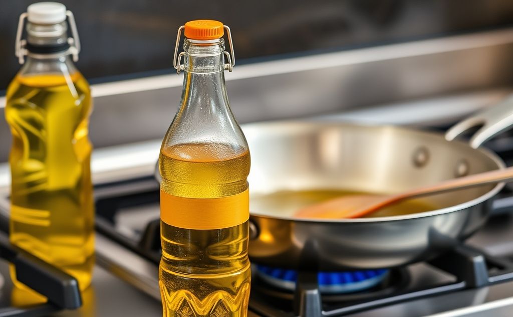 A bottle of cooking oil next to a frying pan on a stove.