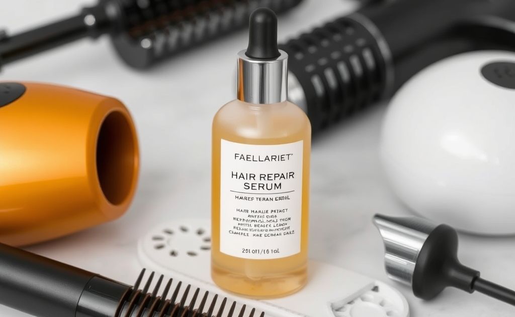 A bottle of hair repair serum surrounded by heat styling tools.