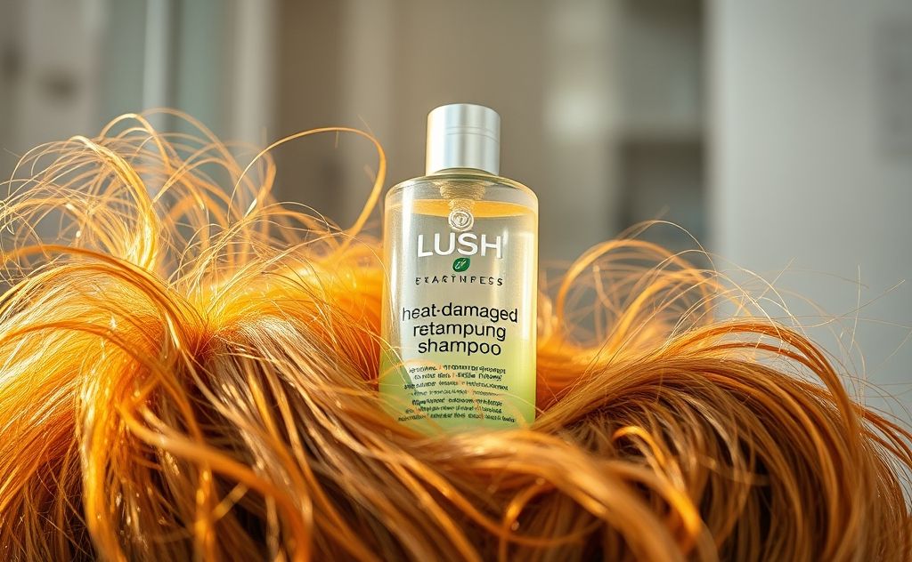 A bottle of nourishing shampoo surrounded by heat-damaged hair strands.