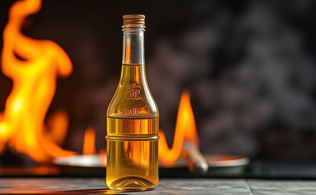 A bottle of oil with a flame backdrop representing high heat cooking.