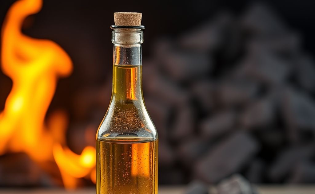 A bottle of oil with flames in the background to signify high heat cooking.