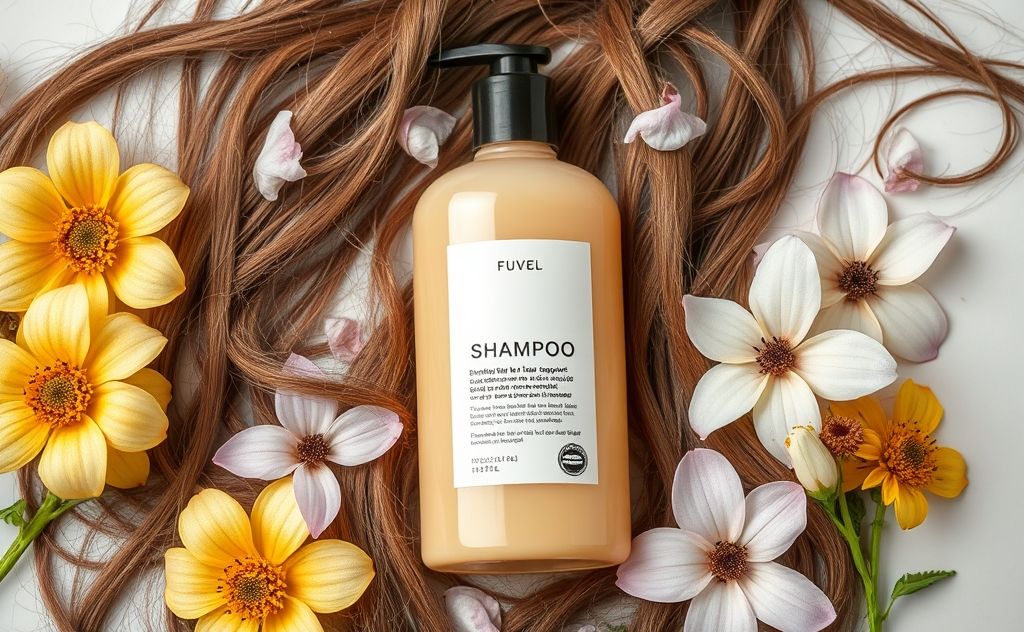A bottle of shampoo surrounded by damaged hair strands and flowers.