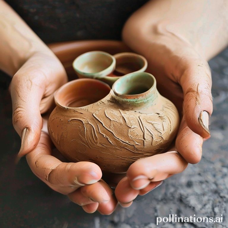 A close-up view of hands working wet clay on a potter's wheel.