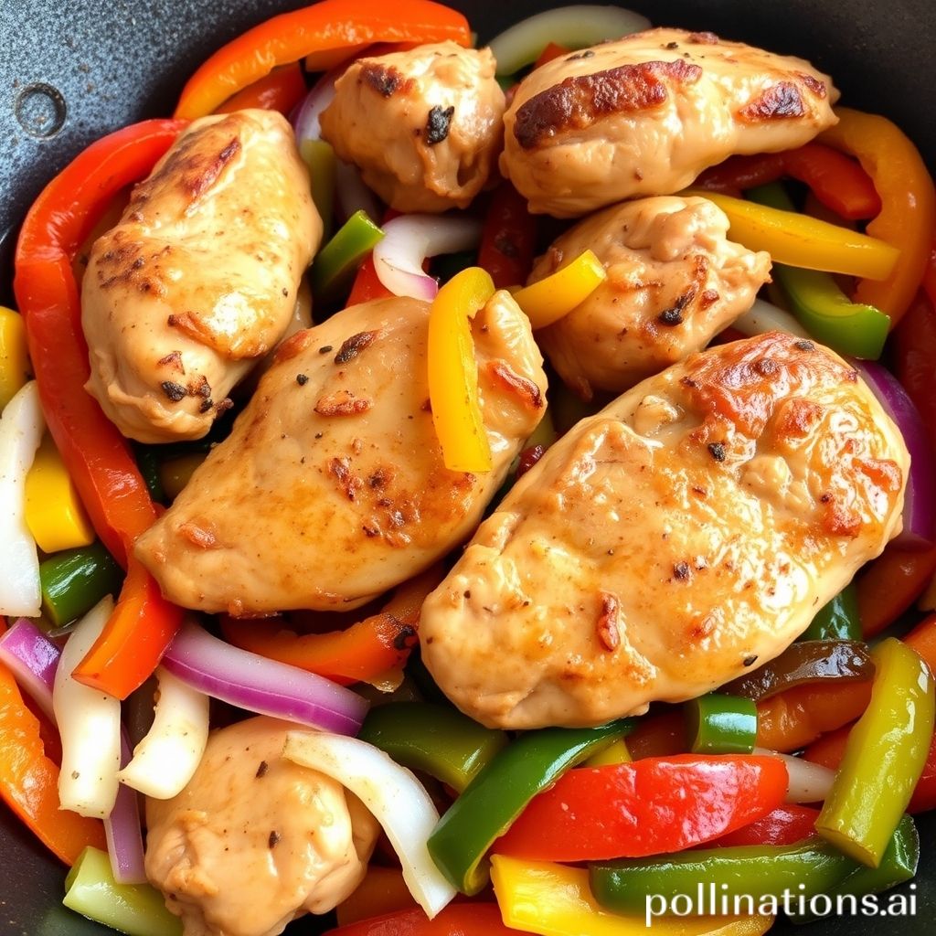 A vibrant plate of chicken fajitas with colorful peppers and onions