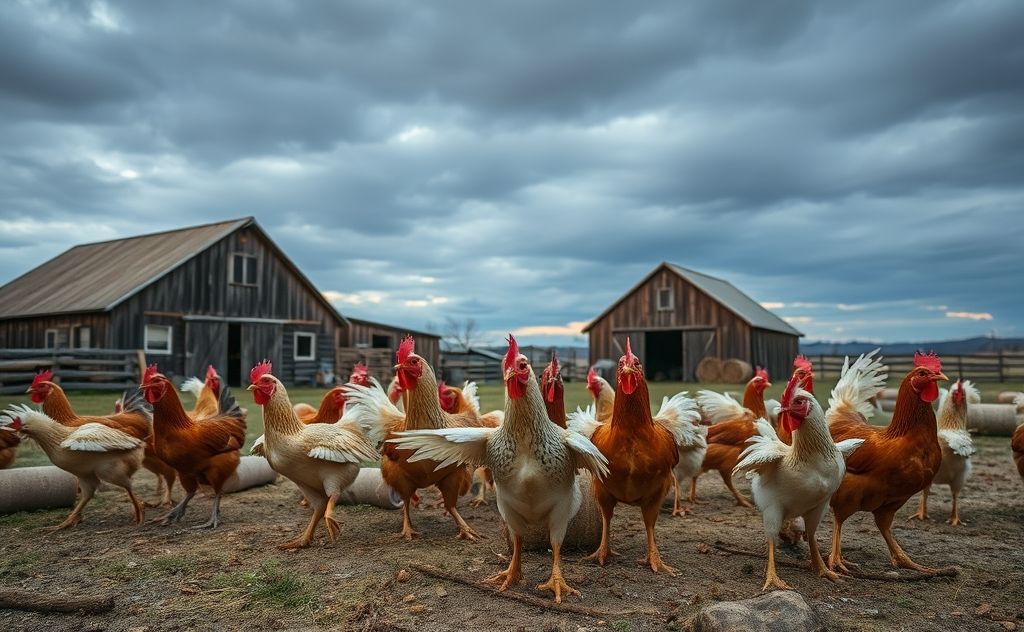 chickens in distress on a farm setting