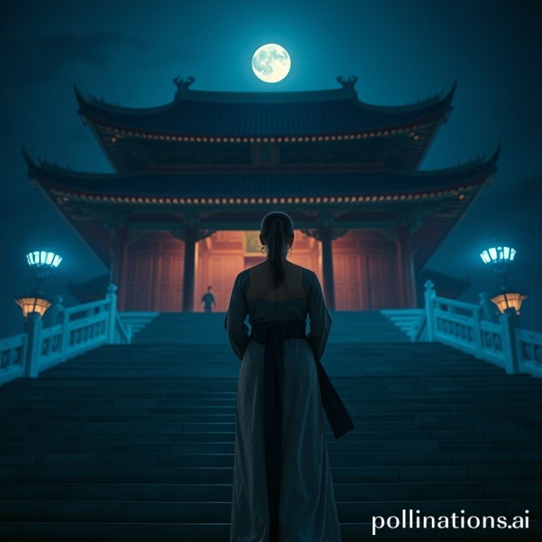 月光に照らされた神殿で、女性修行者の後ろ姿（シルエット）