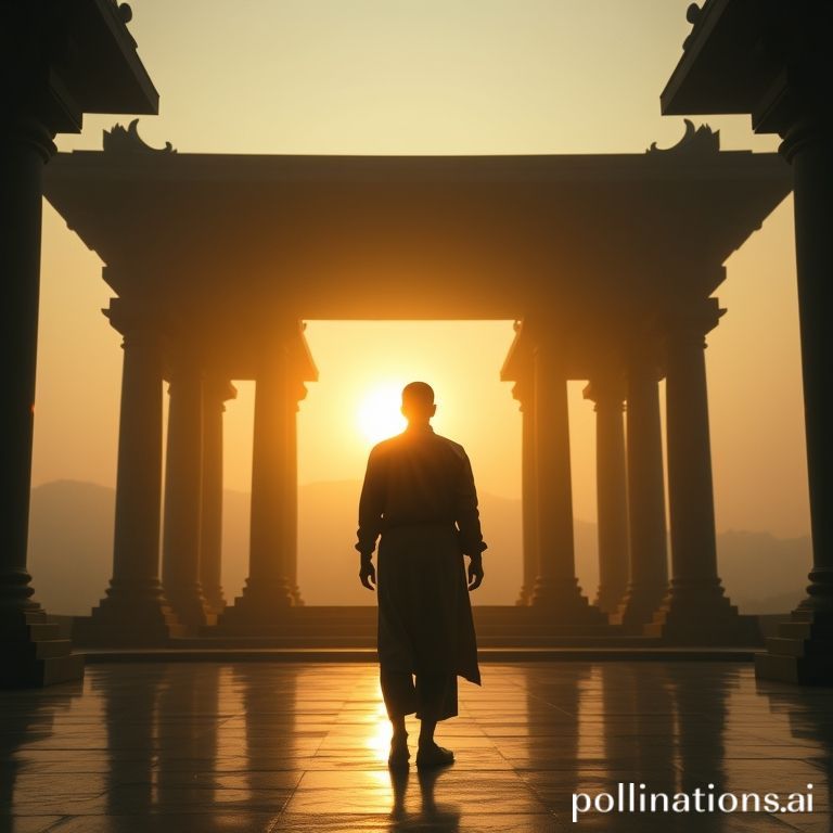 朝日差す神殿で、性別不明の修行者の後ろ姿（シルエット）