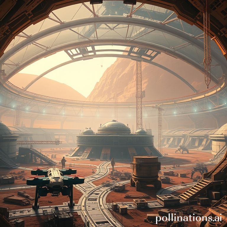 Concept art of a Mars colony inside a large biodome, with AI robots constructing buildings and infrastructure.