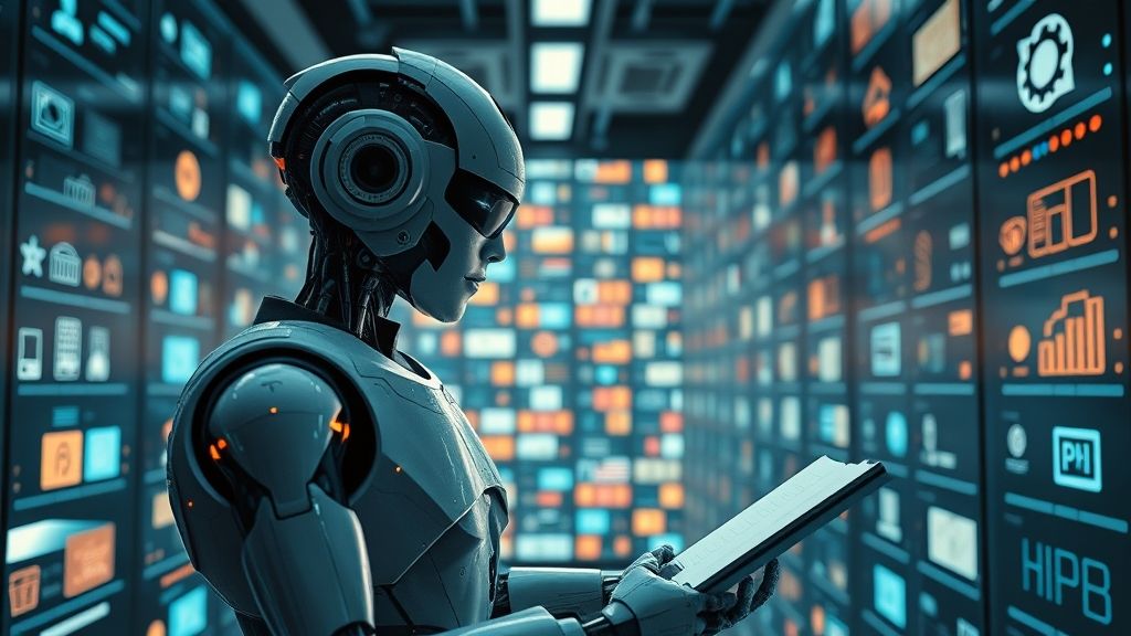 A futuristic AI robot curating a library of digital tool icons, symbolizing the future of AI tool discovery.