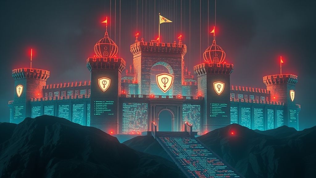 A digital fortress made of glowing code blocks, with energy shields deflecting red virus-like attacks, representing a secure CI/CD pipeline.