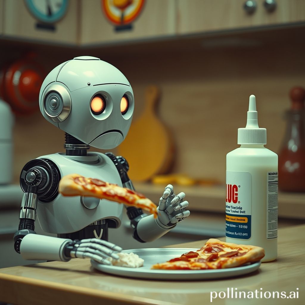A robot looking confused at a slice of pizza and a bottle of glue, illustrating AI's lack of common sense.