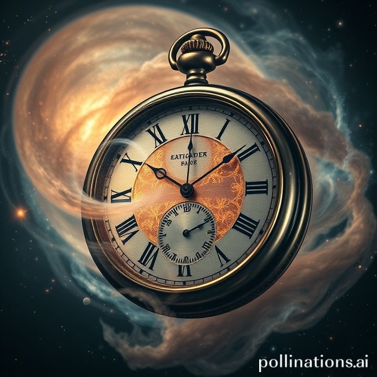 An antique pocket watch blending into a cosmic nebula, representing the Grandfather Paradox and spacetime.