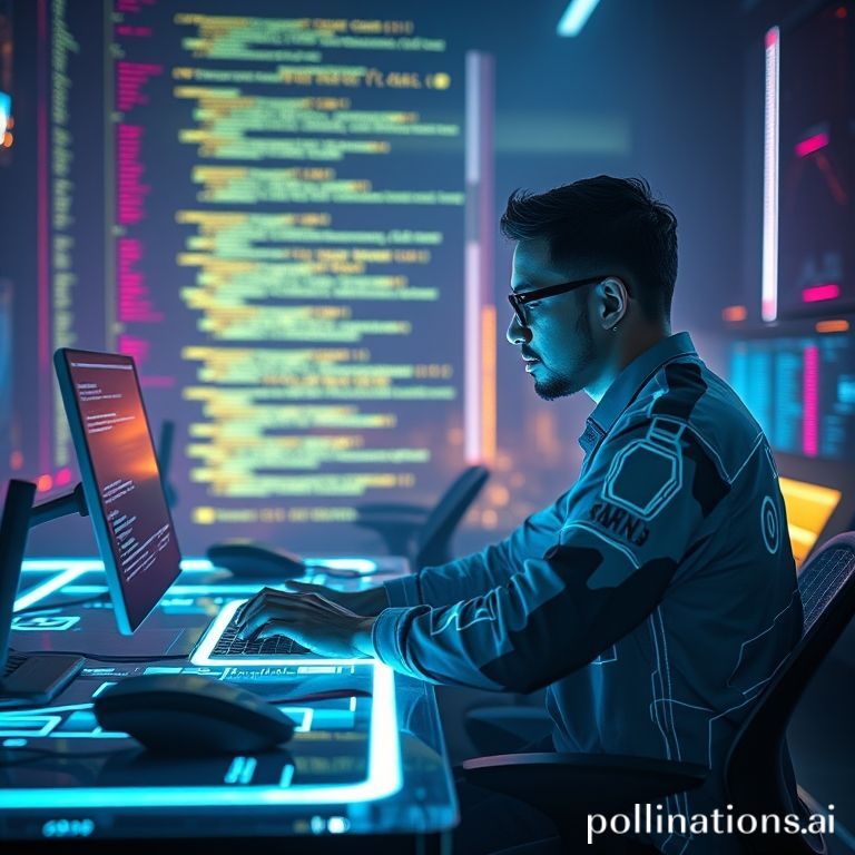A developer collaborating with an AI coding assistant represented by a glowing hologram.