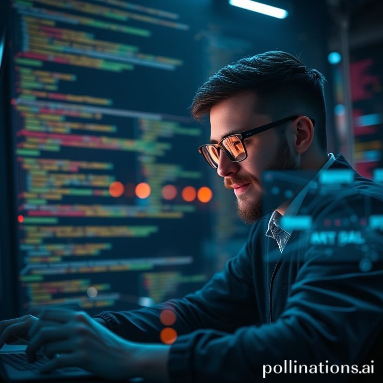 A developer collaborating with a holographic AI assistant in a futuristic coding environment.