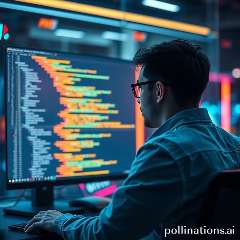 A developer looking at a futuristic IDE where a holographic AI assistant is suggesting code documentation in real time.