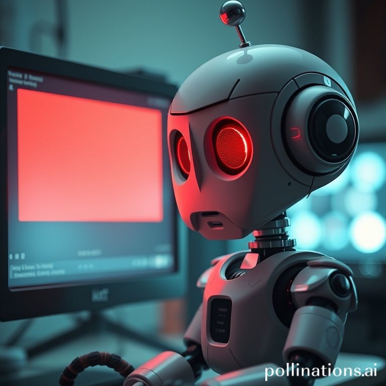 A robot looking confused at a bug on a computer screen, representing AI limitations.