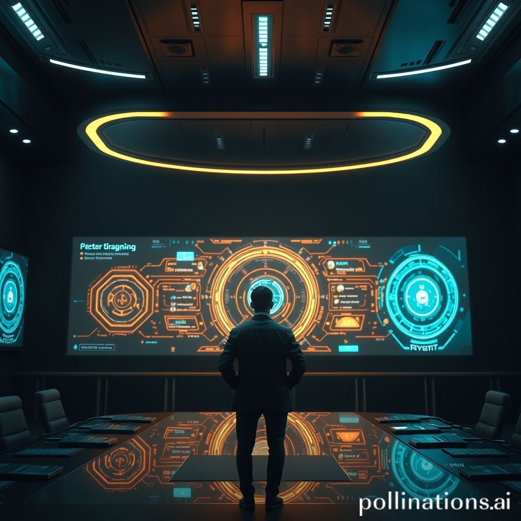 A CEO in a futuristic boardroom looks at a holographic AI display showing complex data.