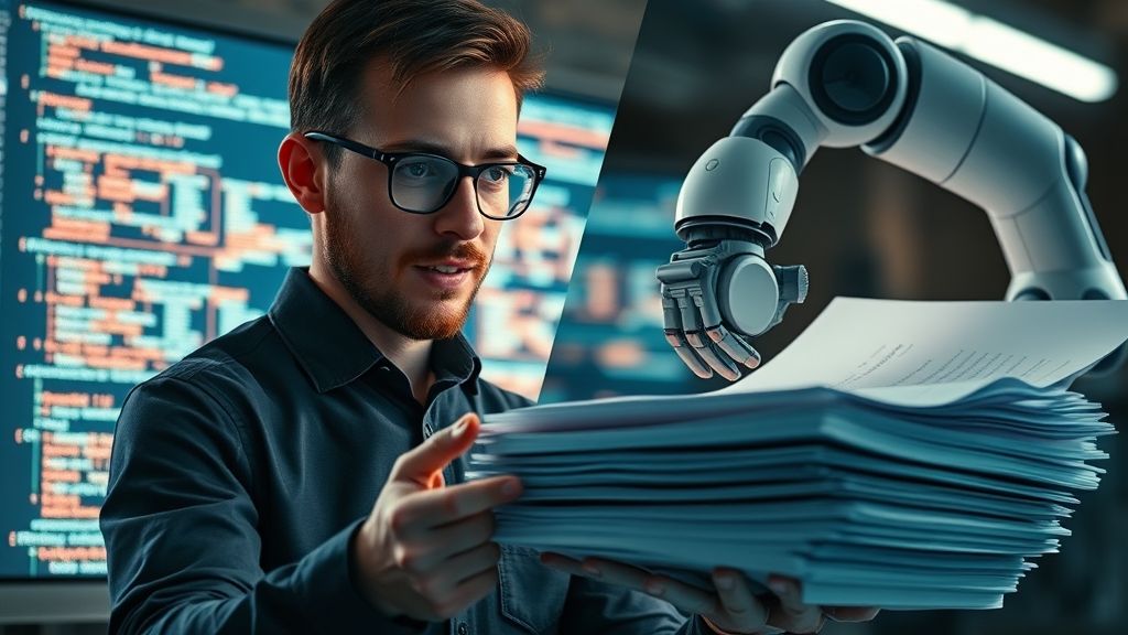 A split screen showing a developer writing code and an AI analyzing documents, representing diverse AI use cases.