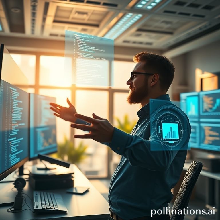 A developer in a futuristic office using gestures to interact with AI-driven coding and design tools.