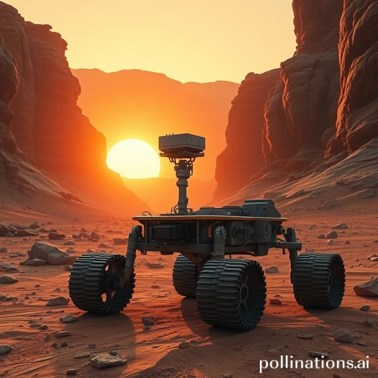 A sleek Mars rover uses AI sensors to navigate a difficult, rocky canyon on the Red Planet.