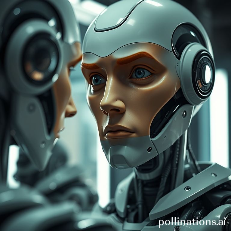 A robot looking in a mirror, symbolizing the challenges of AI in replicating human emotion.