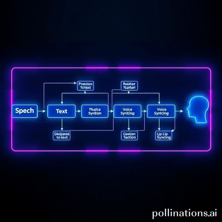 A futuristic flowchart showing the AI video localization pipeline from transcription to lip-syncing.