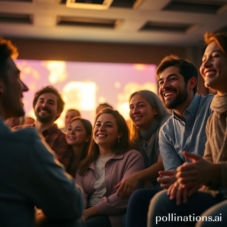 A diverse group of people from around the world watching localized content on a screen together.