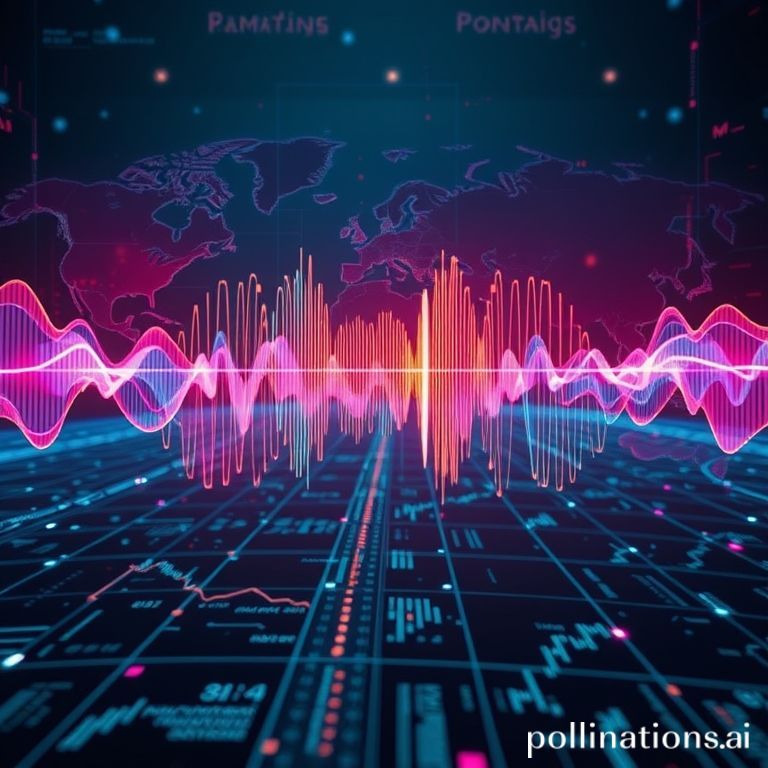 An AI interface visualizing the process of video localization with sound waves and a global map.