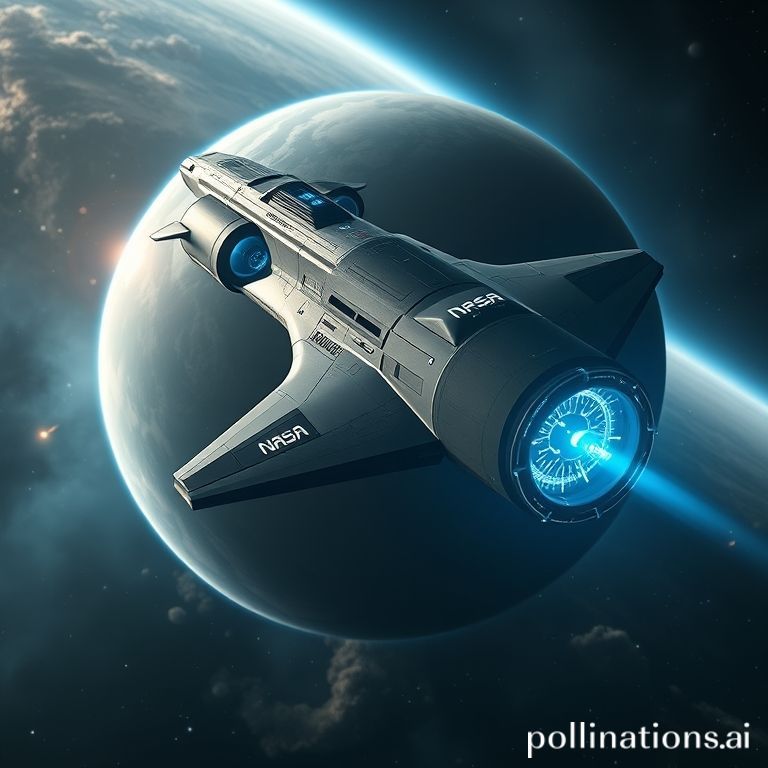 A futuristic spacecraft with glowing AI circuits orbiting a colorful, distant planet, symbolizing the future of AI in space exploration.